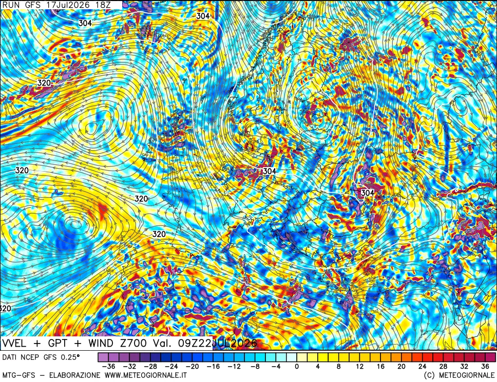 mappa 700 hPa Velocit&agrave; verticiali + GPT + Vento
