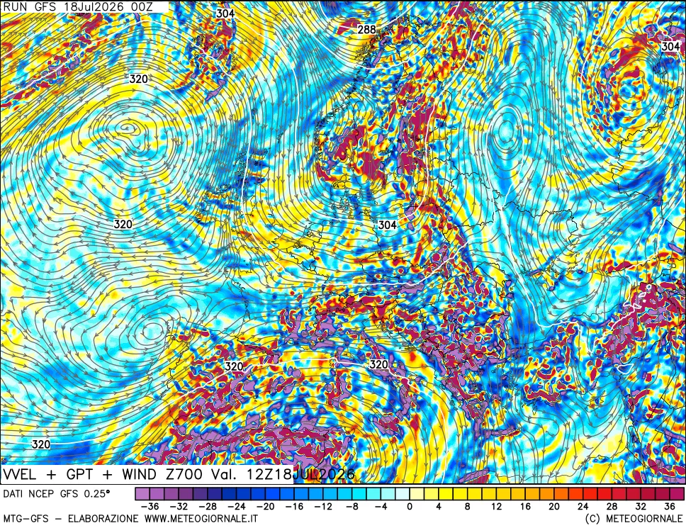 mappa 700 hPa Velocit&agrave; verticiali + GPT + Vento