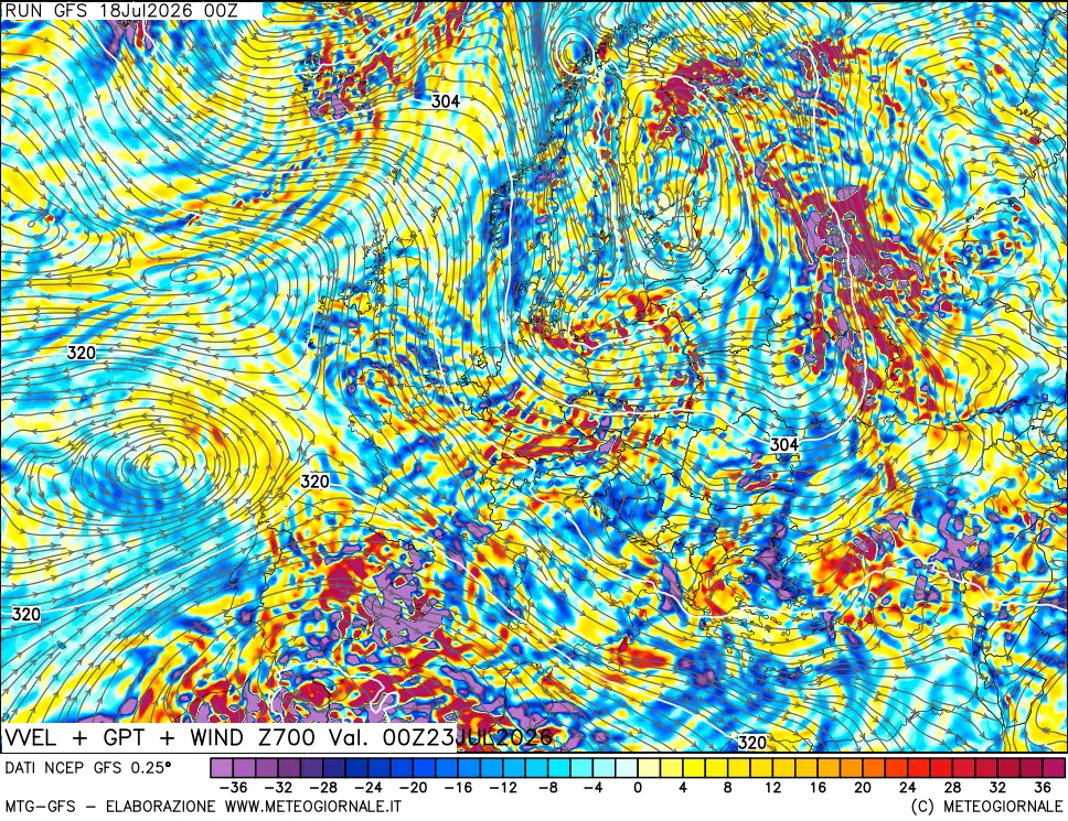 mappa 700 hPa Velocit&agrave; verticiali + GPT + Vento