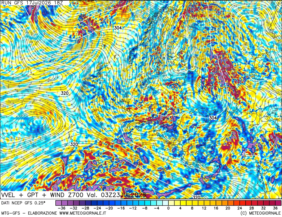 mappa 700 hPa Velocit&agrave; verticiali + GPT + Vento