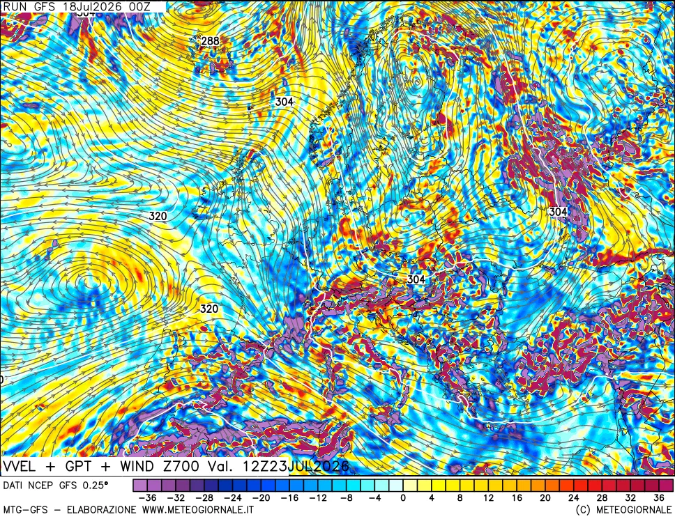 mappa 700 hPa Velocit&agrave; verticiali + GPT + Vento