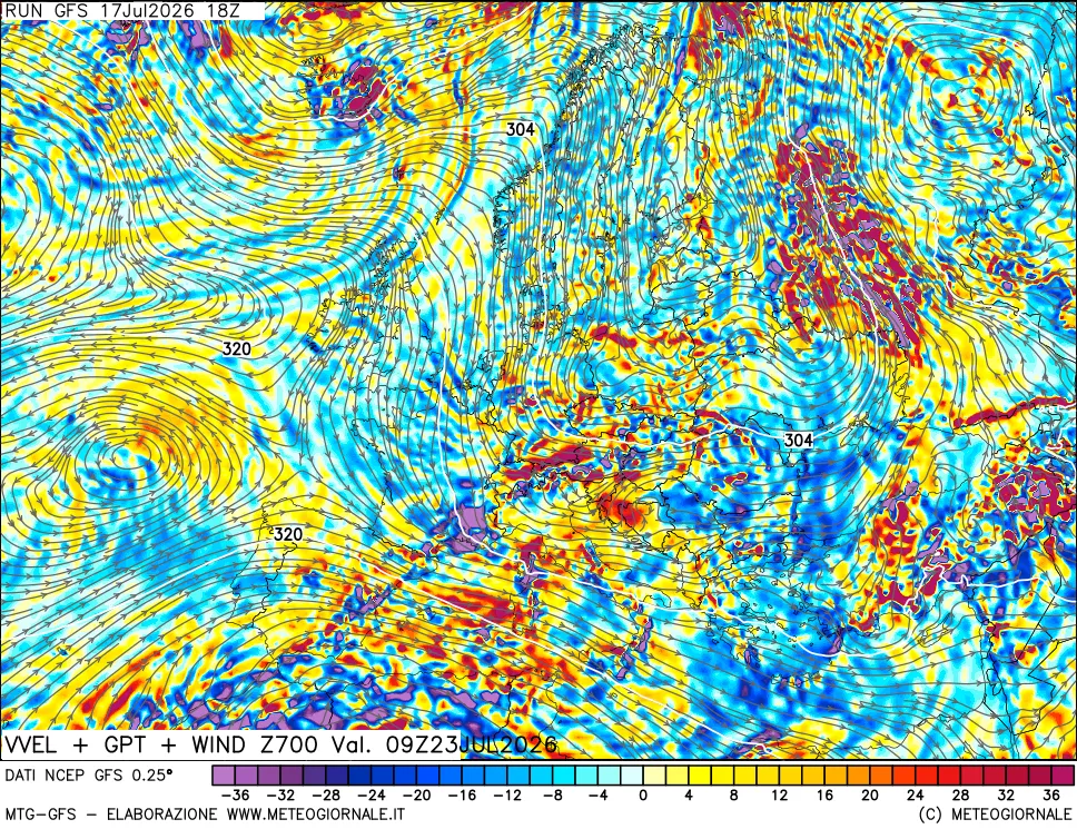 mappa 700 hPa Velocit&agrave; verticiali + GPT + Vento