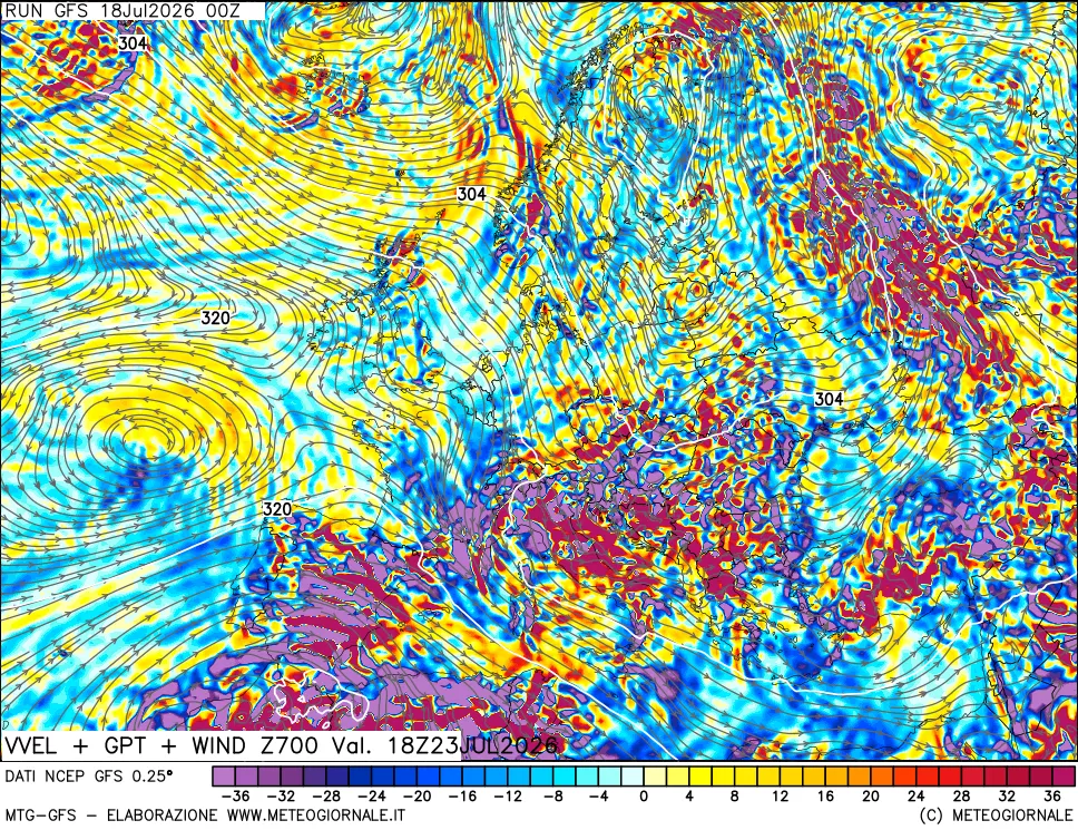 mappa 700 hPa Velocit&agrave; verticiali + GPT + Vento