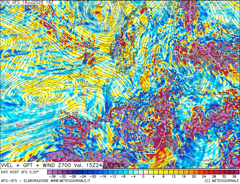 mappa 700 hPa Velocit&agrave; verticiali + GPT + Vento