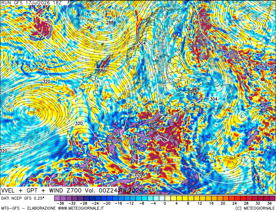 mappa 700 hPa Velocit&agrave; verticiali + GPT + Vento