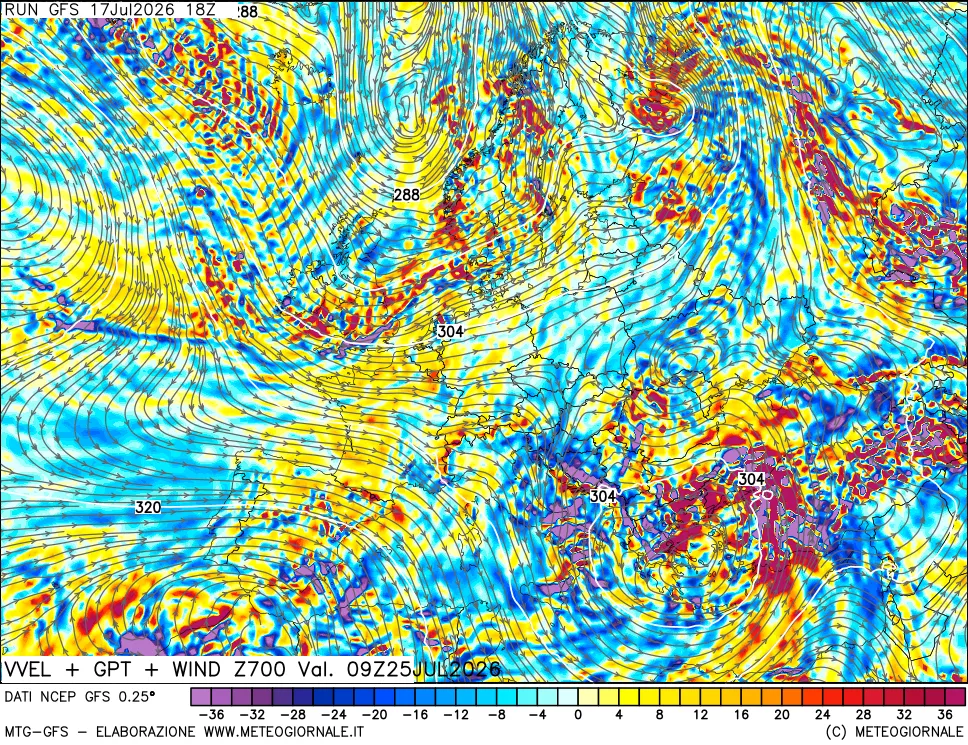 mappa 700 hPa Velocit&agrave; verticiali + GPT + Vento