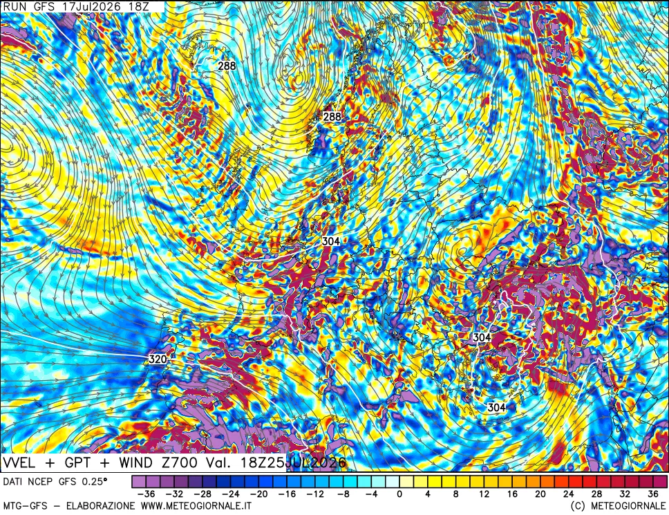 mappa 700 hPa Velocit&agrave; verticiali + GPT + Vento