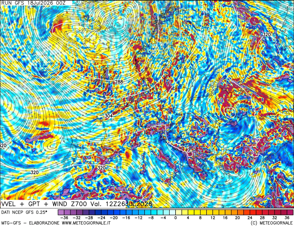 mappa 700 hPa Velocit&agrave; verticiali + GPT + Vento