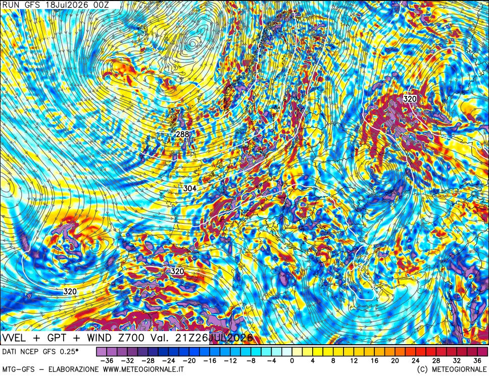 mappa 700 hPa Velocit&agrave; verticiali + GPT + Vento