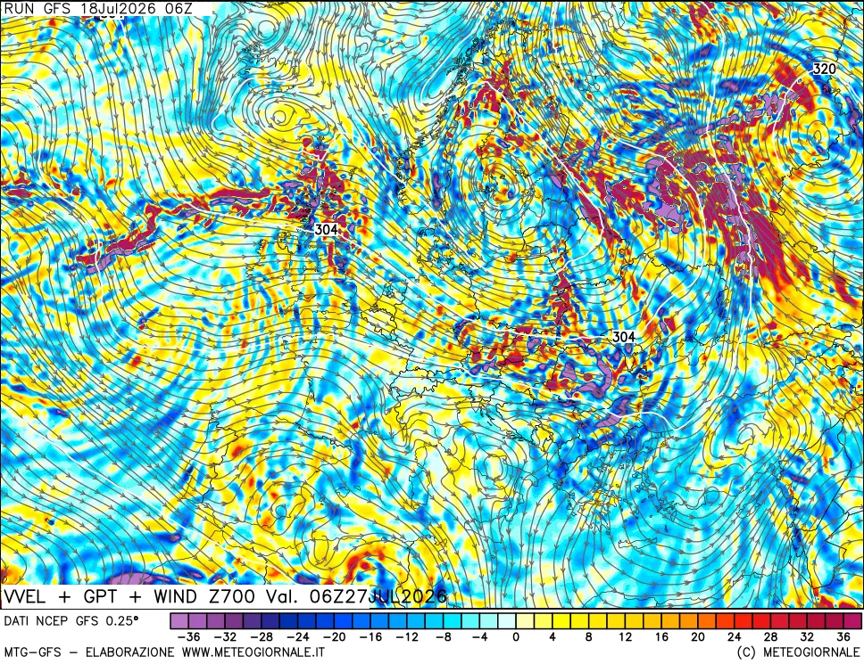 mappa 700 hPa Velocit&agrave; verticiali + GPT + Vento