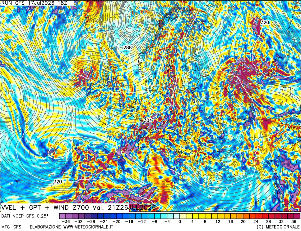 mappa 700 hPa Velocit&agrave; verticiali + GPT + Vento
