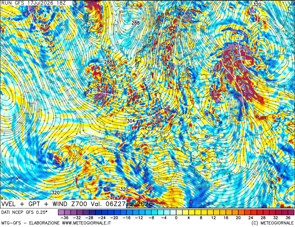mappa 700 hPa Velocit&agrave; verticiali + GPT + Vento