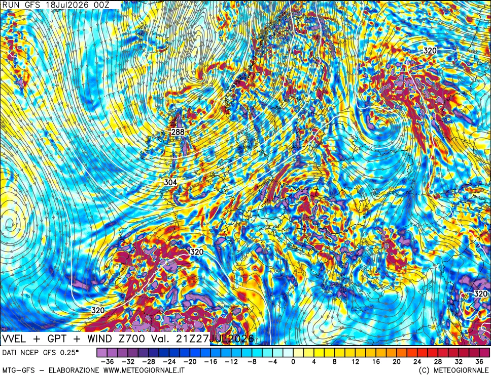mappa 700 hPa Velocit&agrave; verticiali + GPT + Vento