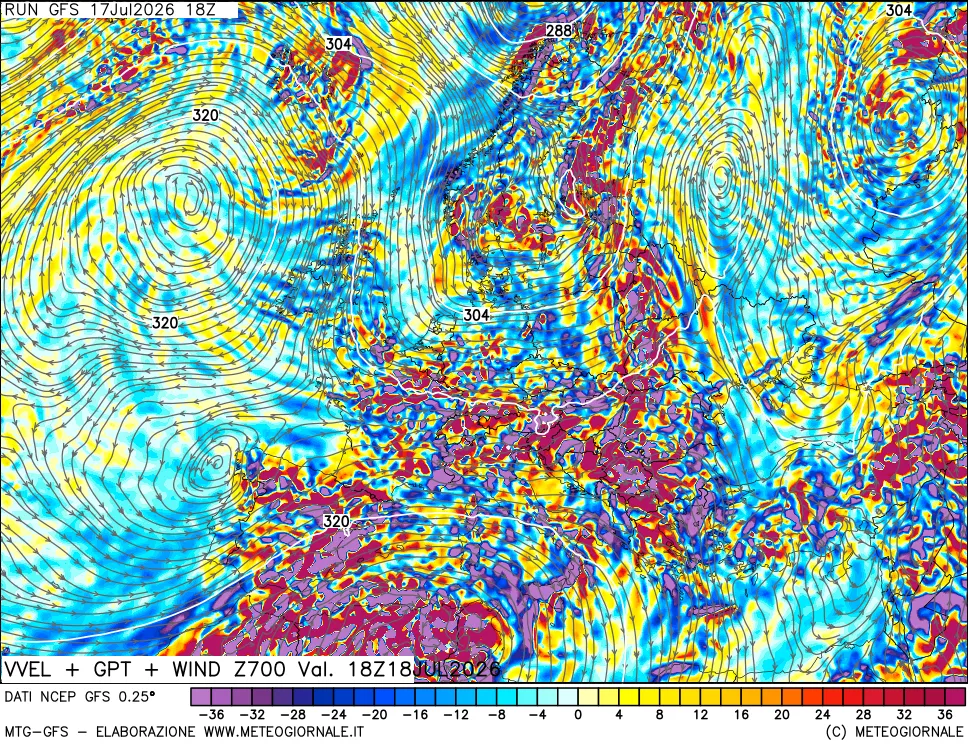 mappa 700 hPa Velocit&agrave; verticiali + GPT + Vento