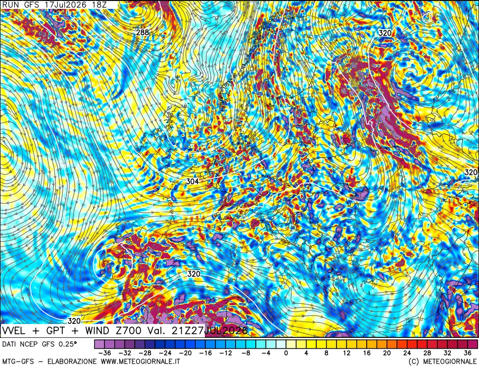 mappa 700 hPa Velocit&agrave; verticiali + GPT + Vento