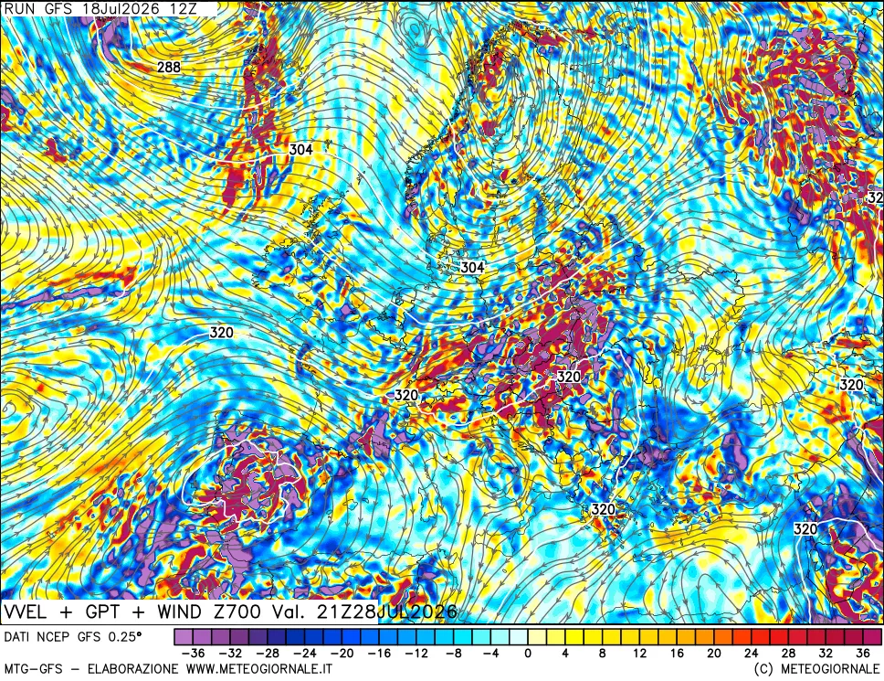 mappa 700 hPa Velocit&agrave; verticiali + GPT + Vento