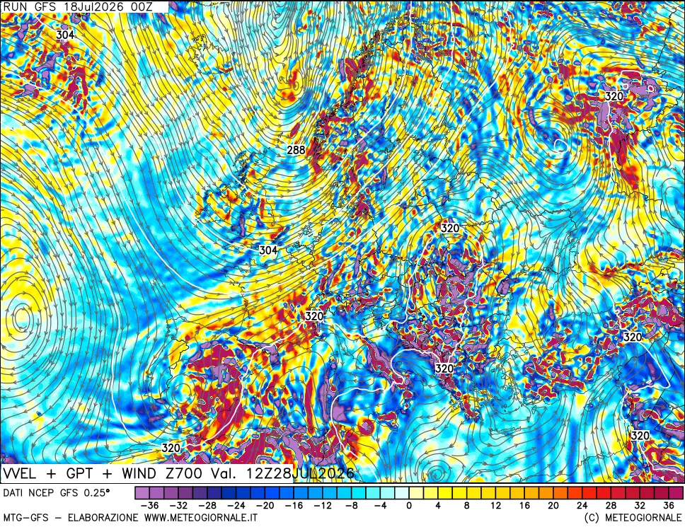mappa 700 hPa Velocit&agrave; verticiali + GPT + Vento