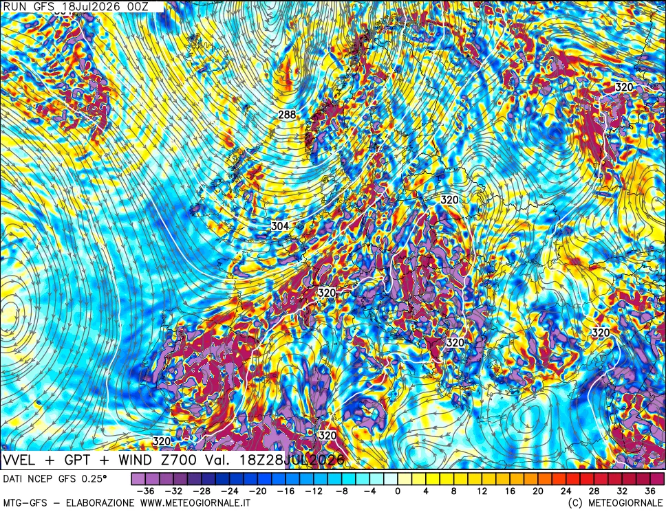 mappa 700 hPa Velocit&agrave; verticiali + GPT + Vento