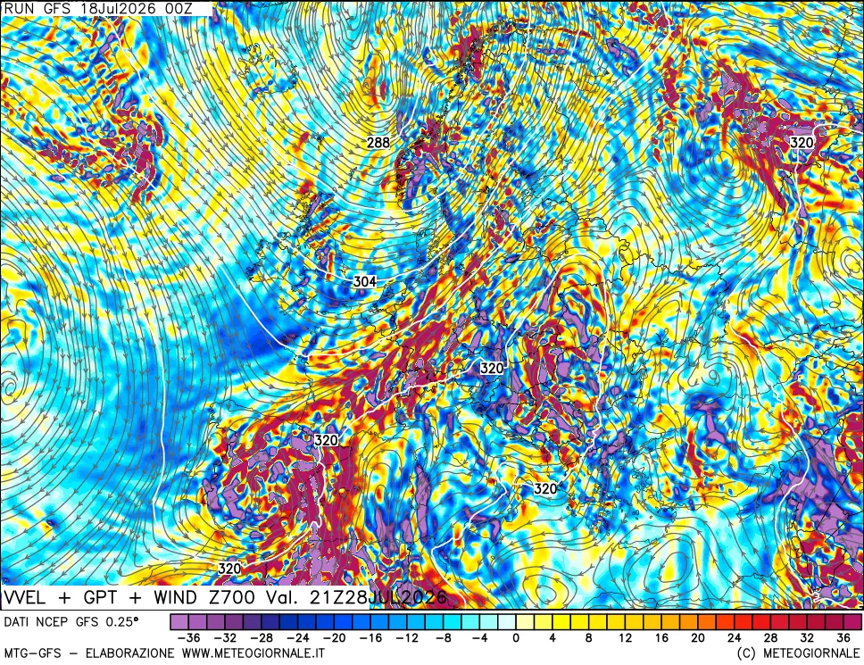 mappa 700 hPa Velocit&agrave; verticiali + GPT + Vento