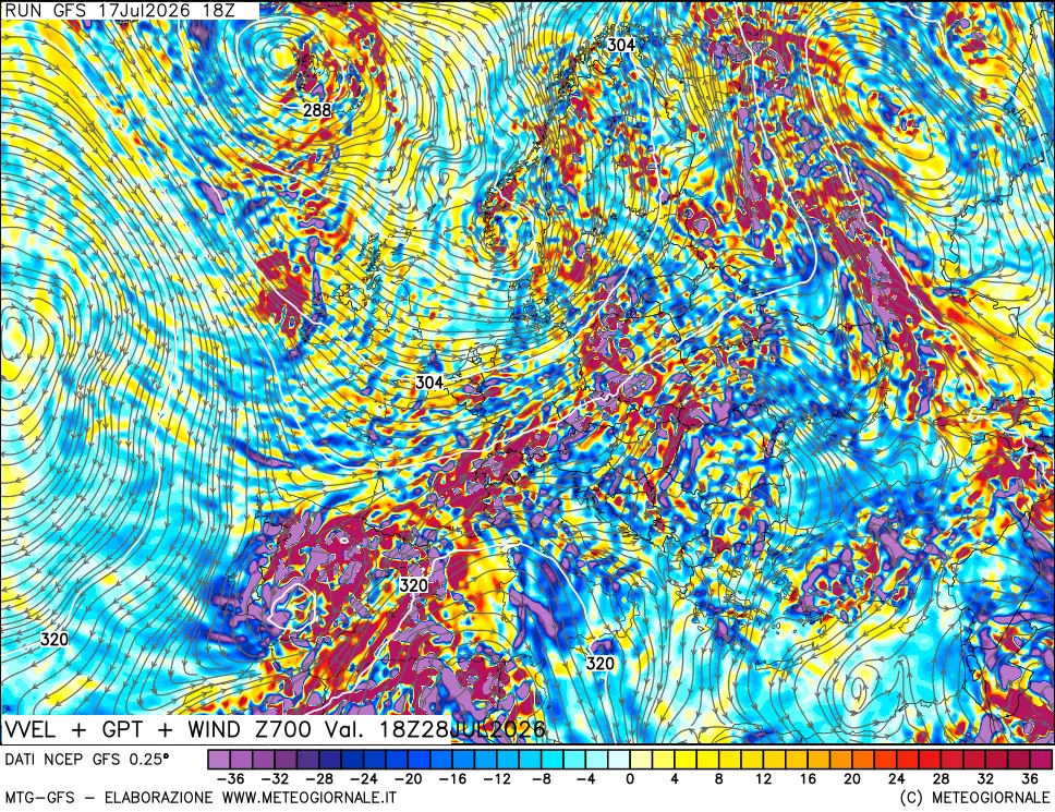 mappa 700 hPa Velocit&agrave; verticiali + GPT + Vento
