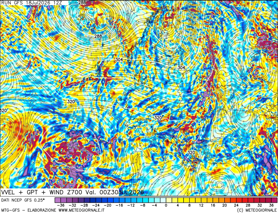 mappa 700 hPa Velocit&agrave; verticiali + GPT + Vento