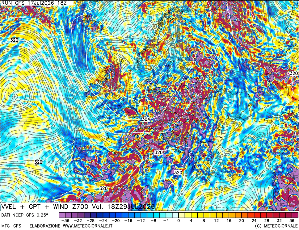 mappa 700 hPa Velocit&agrave; verticiali + GPT + Vento