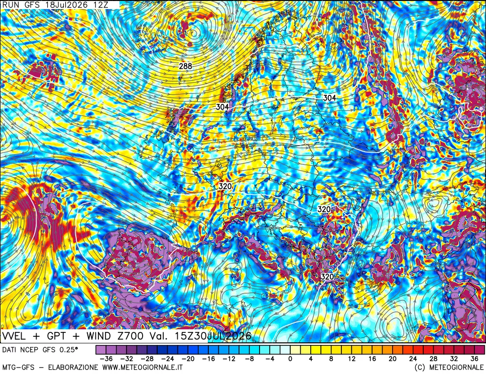 mappa 700 hPa Velocit&agrave; verticiali + GPT + Vento