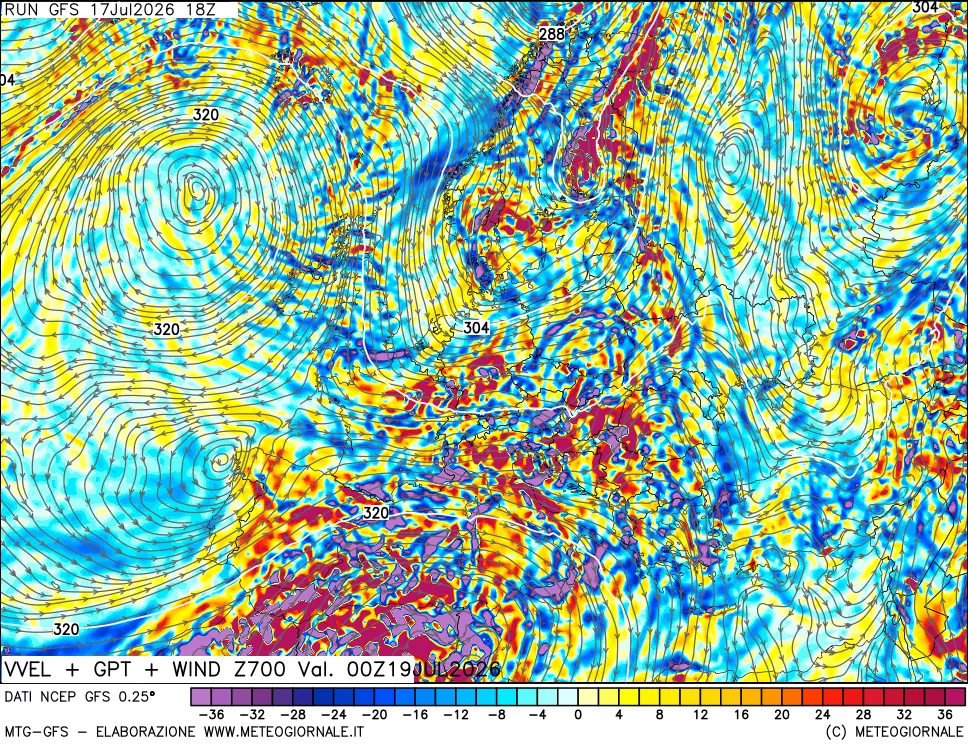 mappa 700 hPa Velocit&agrave; verticiali + GPT + Vento