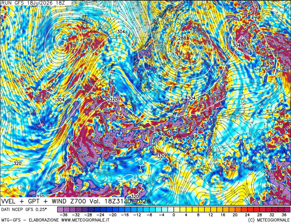 mappa 700 hPa Velocit&agrave; verticiali + GPT + Vento