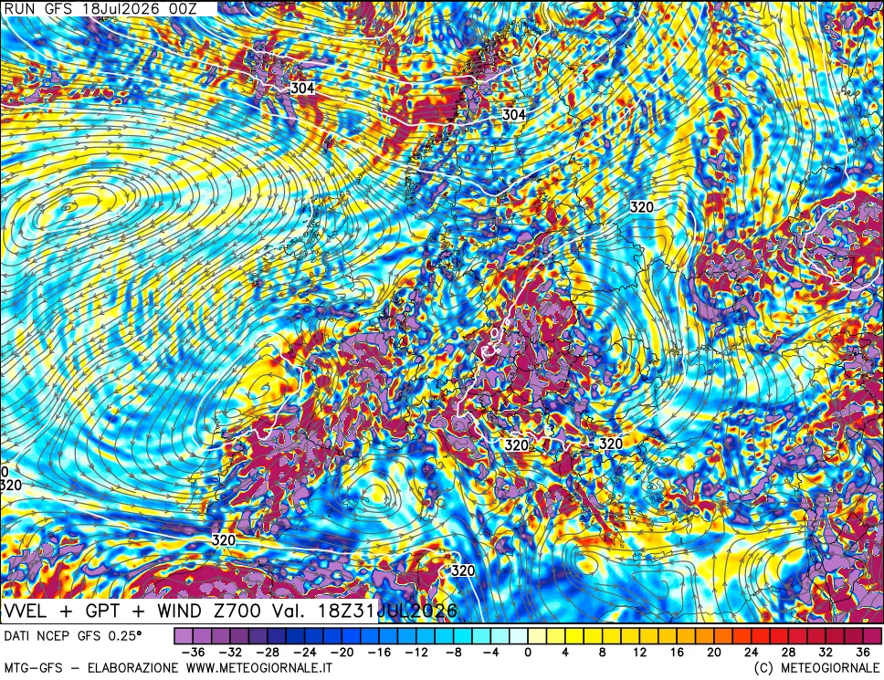 mappa 700 hPa Velocit&agrave; verticiali + GPT + Vento