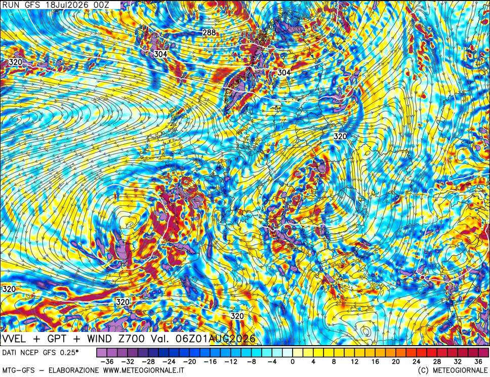 mappa 700 hPa Velocit&agrave; verticiali + GPT + Vento