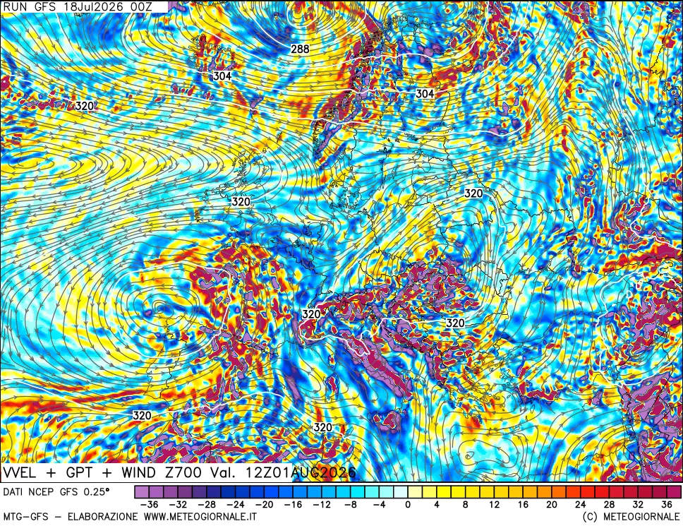 mappa 700 hPa Velocit&agrave; verticiali + GPT + Vento