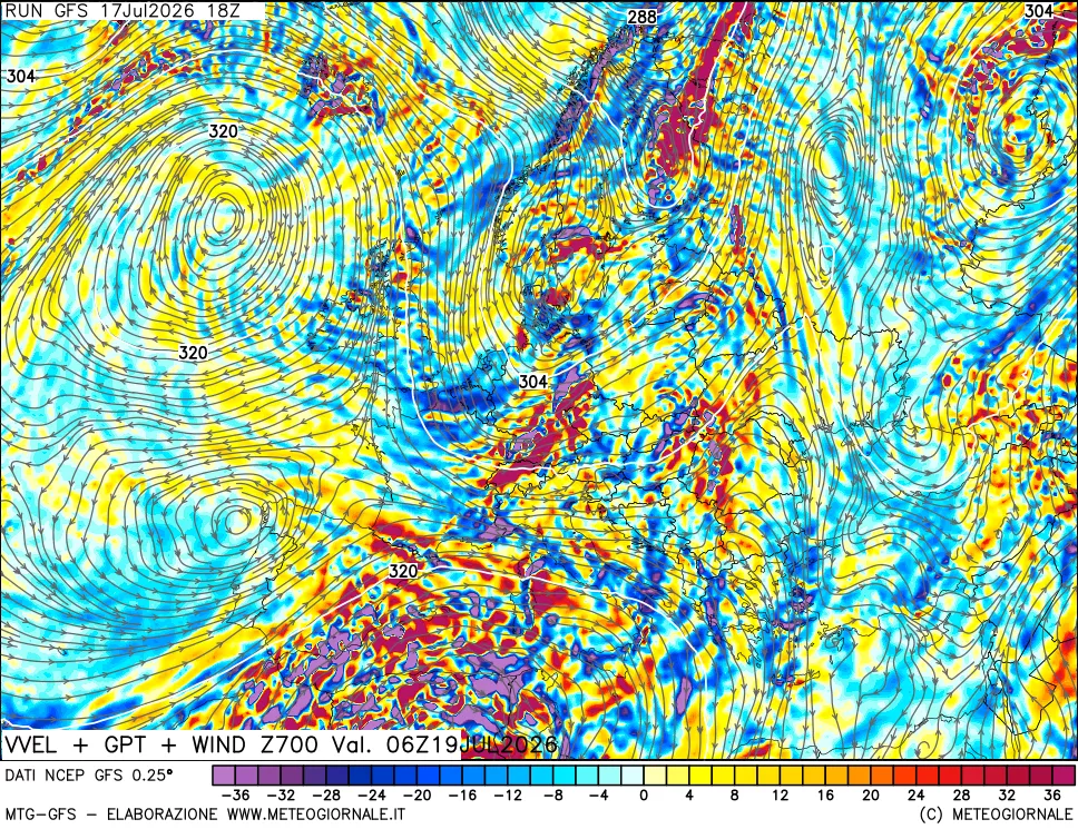 mappa 700 hPa Velocit&agrave; verticiali + GPT + Vento