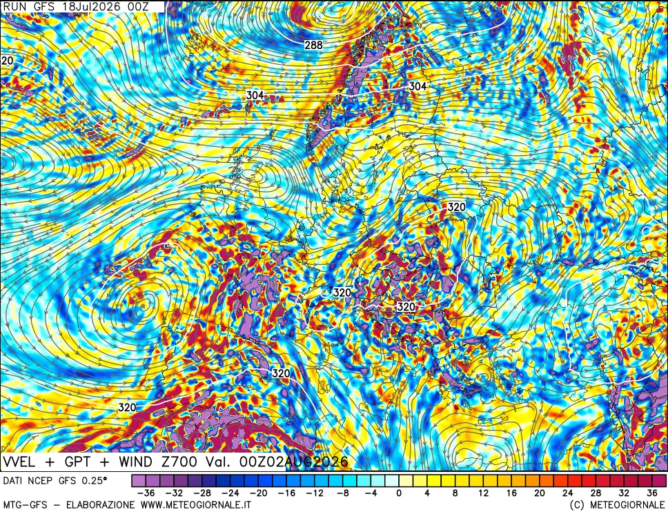mappa 700 hPa Velocit&agrave; verticiali + GPT + Vento