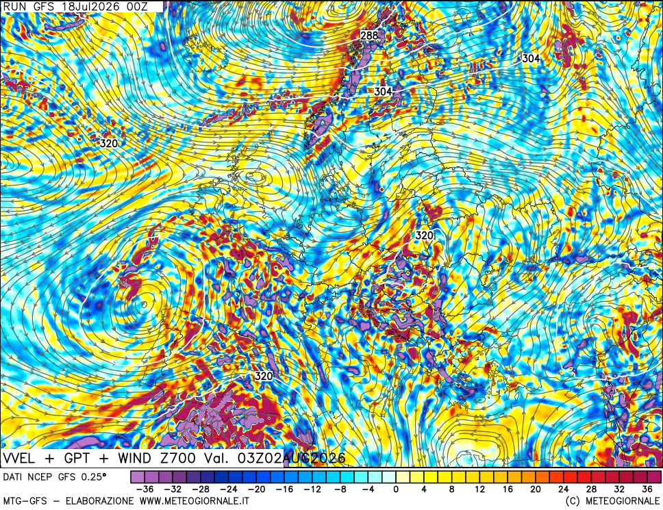 mappa 700 hPa Velocit&agrave; verticiali + GPT + Vento