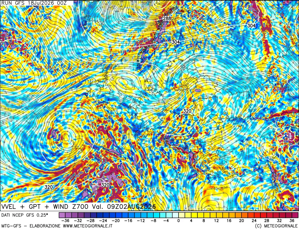 mappa 700 hPa Velocit&agrave; verticiali + GPT + Vento