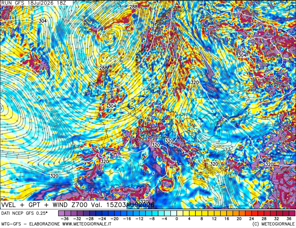 mappa 700 hPa Velocit&agrave; verticiali + GPT + Vento