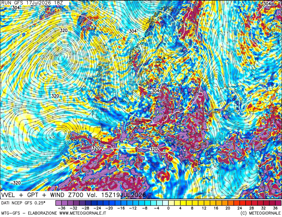 mappa 700 hPa Velocit&agrave; verticiali + GPT + Vento