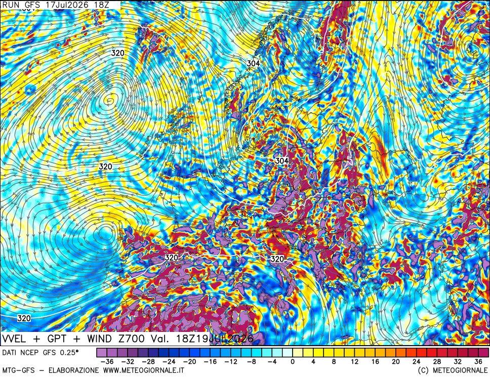 mappa 700 hPa Velocit&agrave; verticiali + GPT + Vento