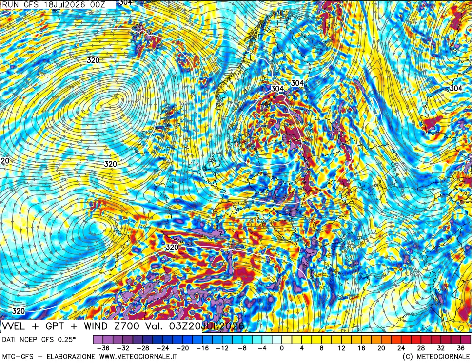 mappa 700 hPa Velocit&agrave; verticiali + GPT + Vento