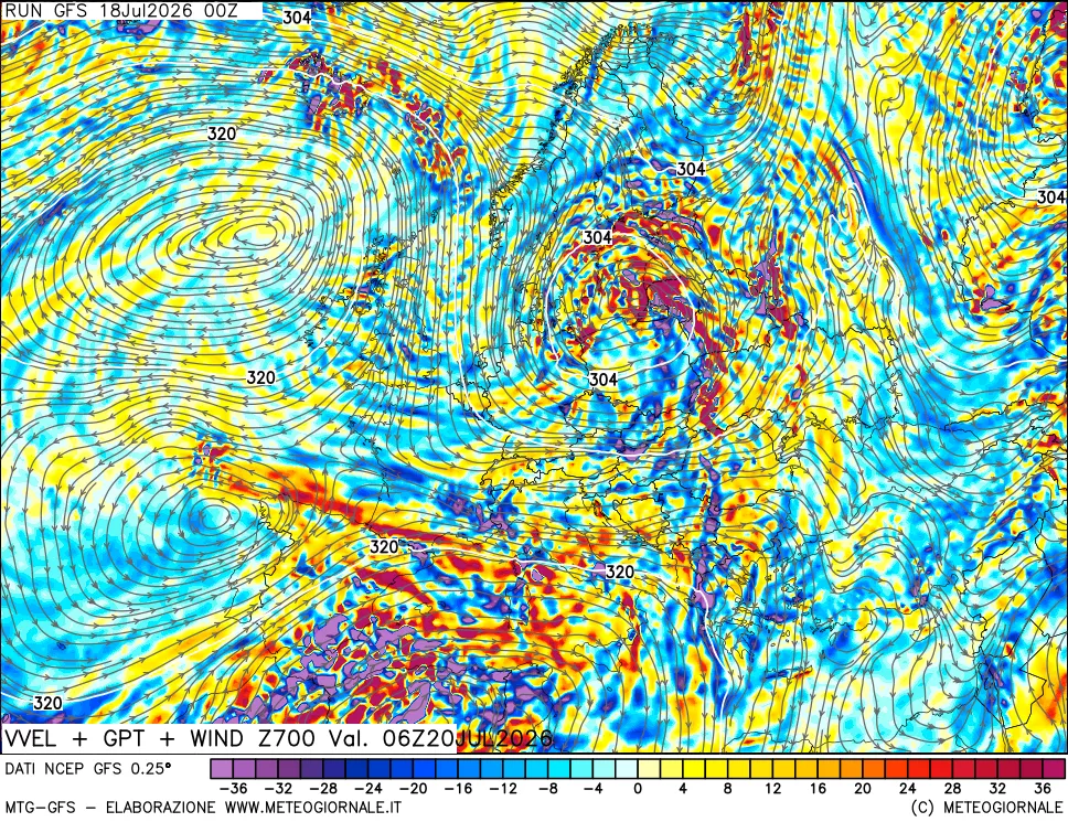 mappa 700 hPa Velocit&agrave; verticiali + GPT + Vento