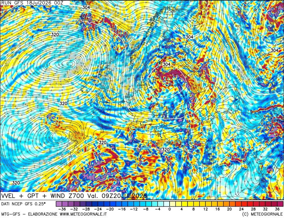 mappa 700 hPa Velocit&agrave; verticiali + GPT + Vento