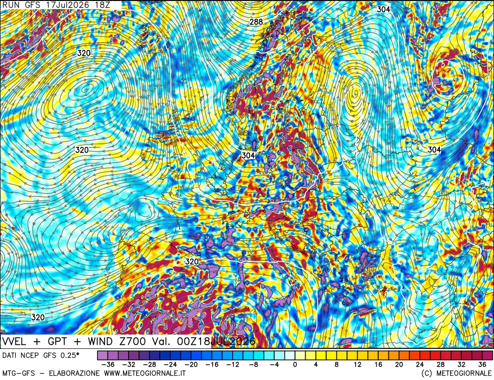 mappa 700 hPa Velocit&agrave; verticiali + GPT + Vento