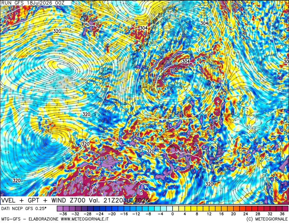 mappa 700 hPa Velocit&agrave; verticiali + GPT + Vento