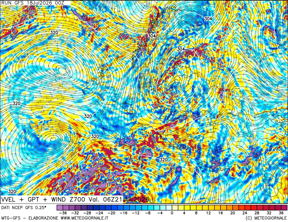 mappa 700 hPa Velocit&agrave; verticiali + GPT + Vento