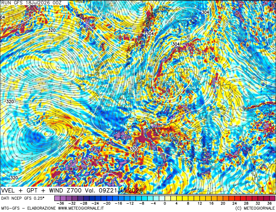 mappa 700 hPa Velocit&agrave; verticiali + GPT + Vento