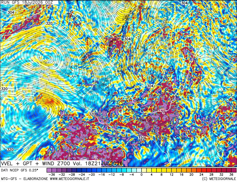 mappa 700 hPa Velocit&agrave; verticiali + GPT + Vento