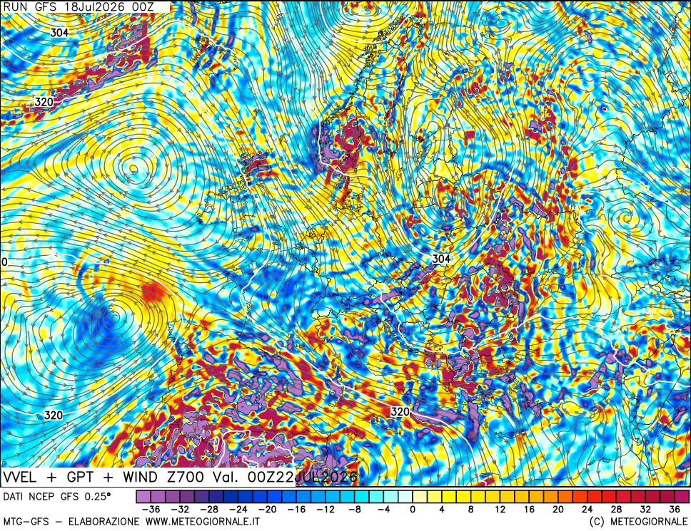 mappa 700 hPa Velocit&agrave; verticiali + GPT + Vento