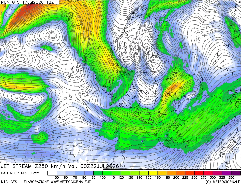 mappa 250 hPa Jet stream