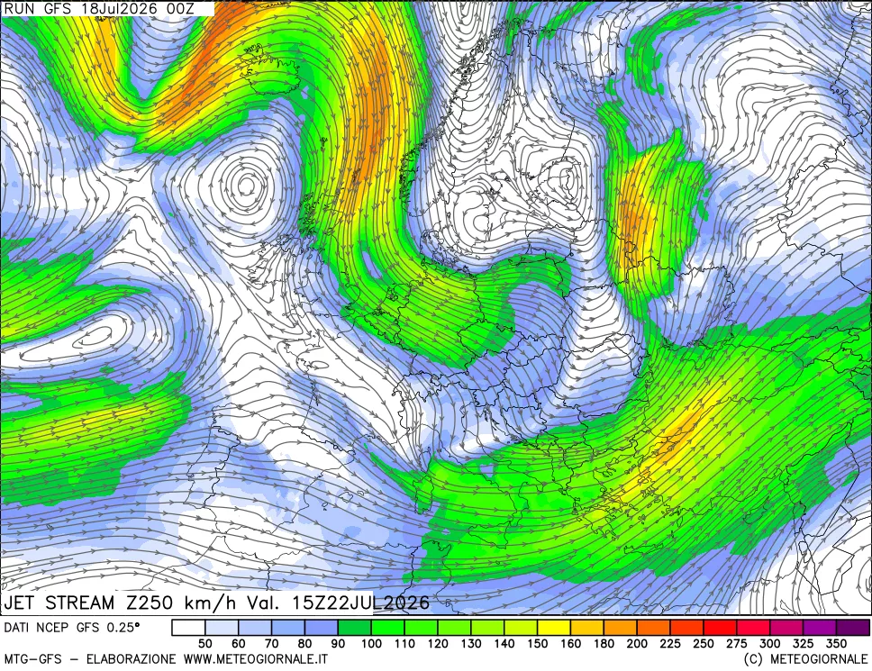 mappa 250 hPa Jet stream